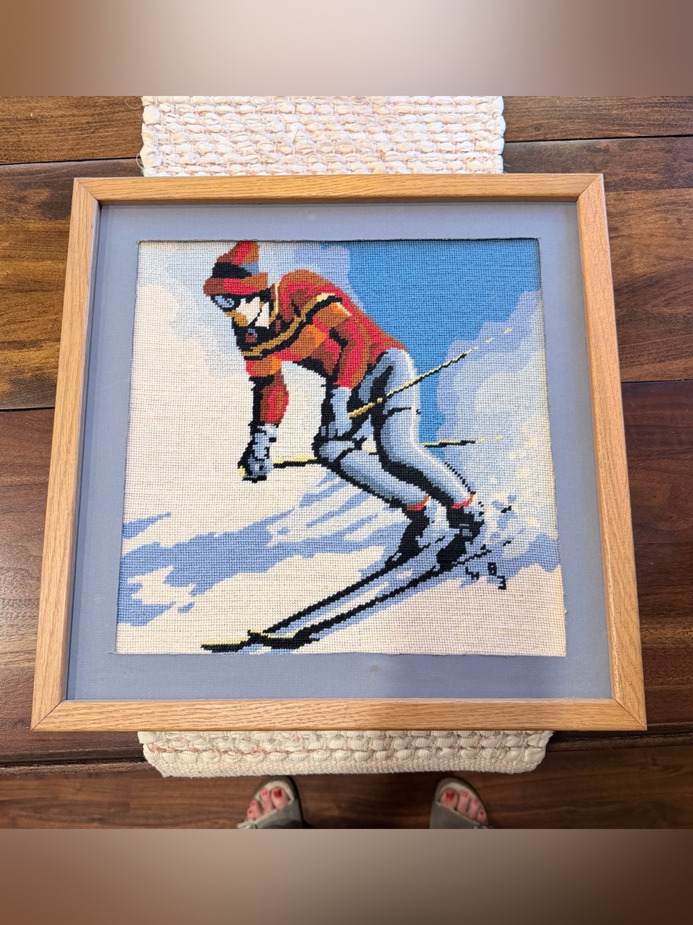 Vintage 1980s Handmade Needlepoint Colorful Snow Skier